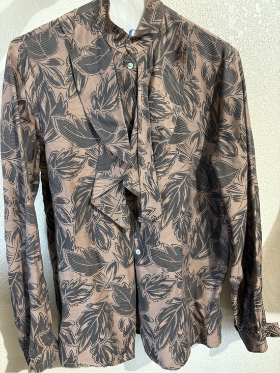 George Masket LTD. Tops - Women’s Tie-Neck Leaf Print Blouse - Taupe/Black